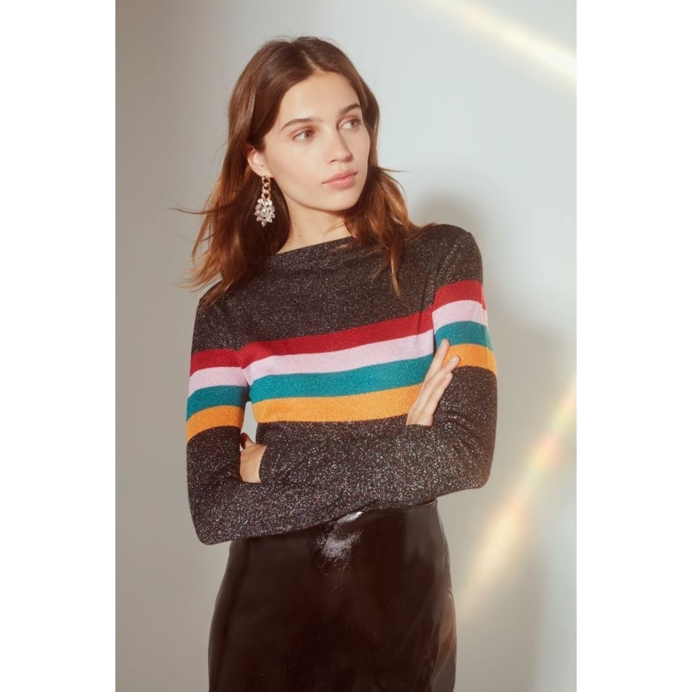 Urban Outfitters Rainbow Stripe Metallic Knit Glitter Sweater Black Small NWT